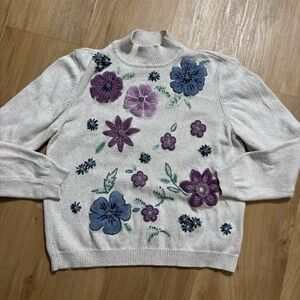 Alfred Dunner Embroidered Mock Neck Size Large Flowers Purple Blue